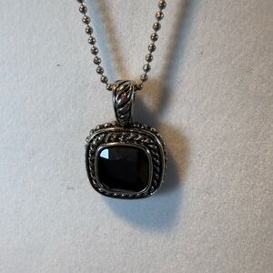 Silver Tone Pendant Necklace with Dark Stone, Purple? Silver tone Bead Necklace